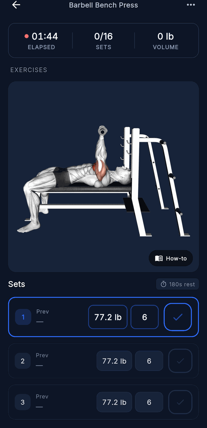 Logging your working sets — each weight tracked against last time