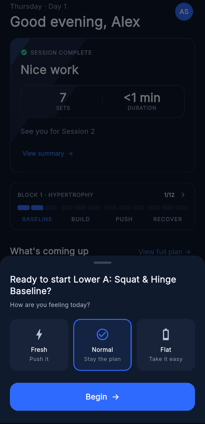 Pre-session check-in adapting today's plan
